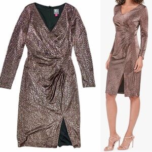 Vince Camuto Metallic animal Leopard Cheetah Midi Dress Size 6
EUC like New